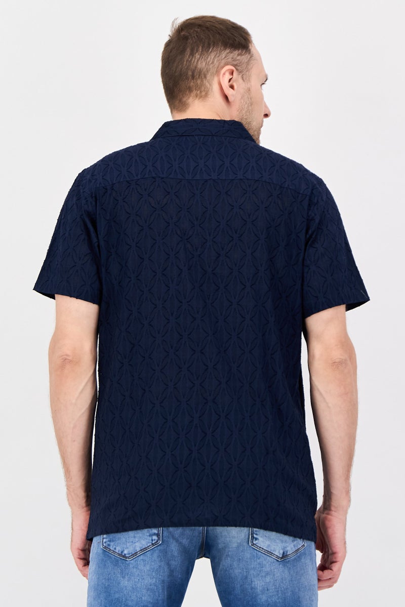 Threadbare Men Regular Fit Short Sleeve Textured Casual Shirt, Navy - Image 2